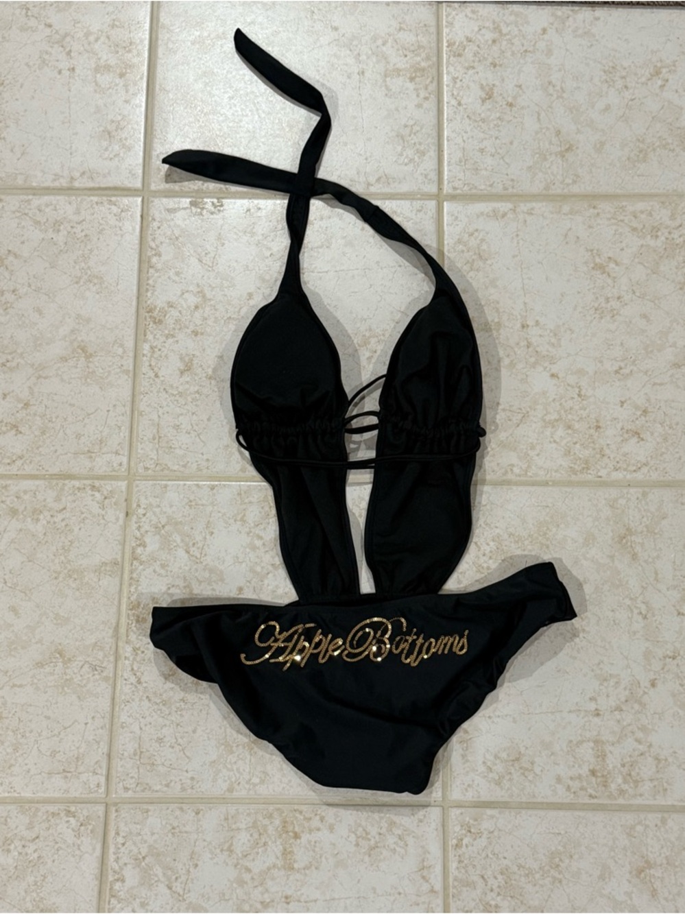 NEW Apple Bottoms Black Sexy One-Piece Swimsuit with Push up Knot Straps